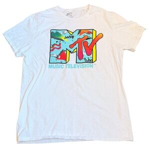 MTV Men Logo T-Shirt White Large 80s Style Music Television Cotton Tee Retro 80s